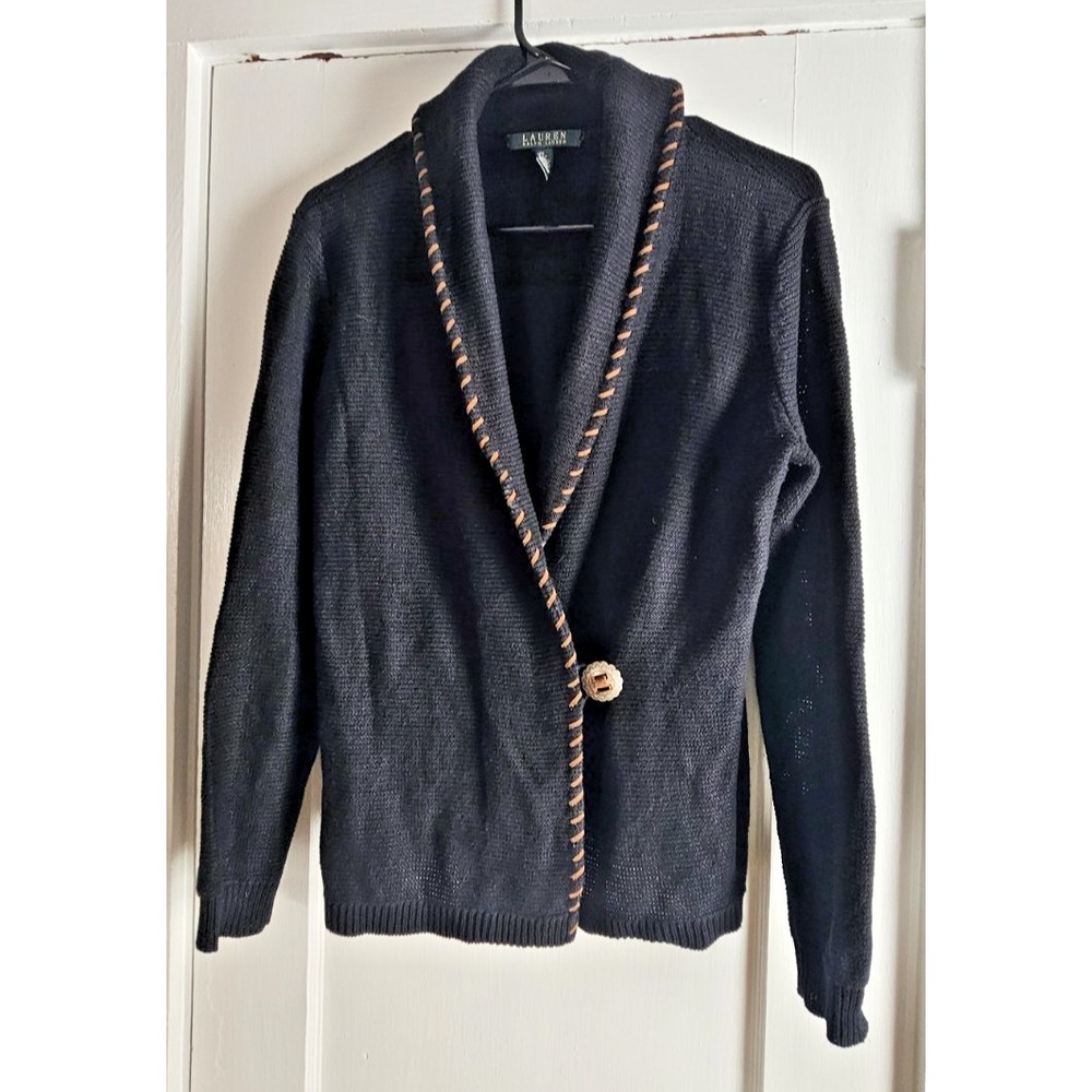 LAUREN‎ RALPH LAUREN black wrap sweater brown braided trim Linen cotton woman M